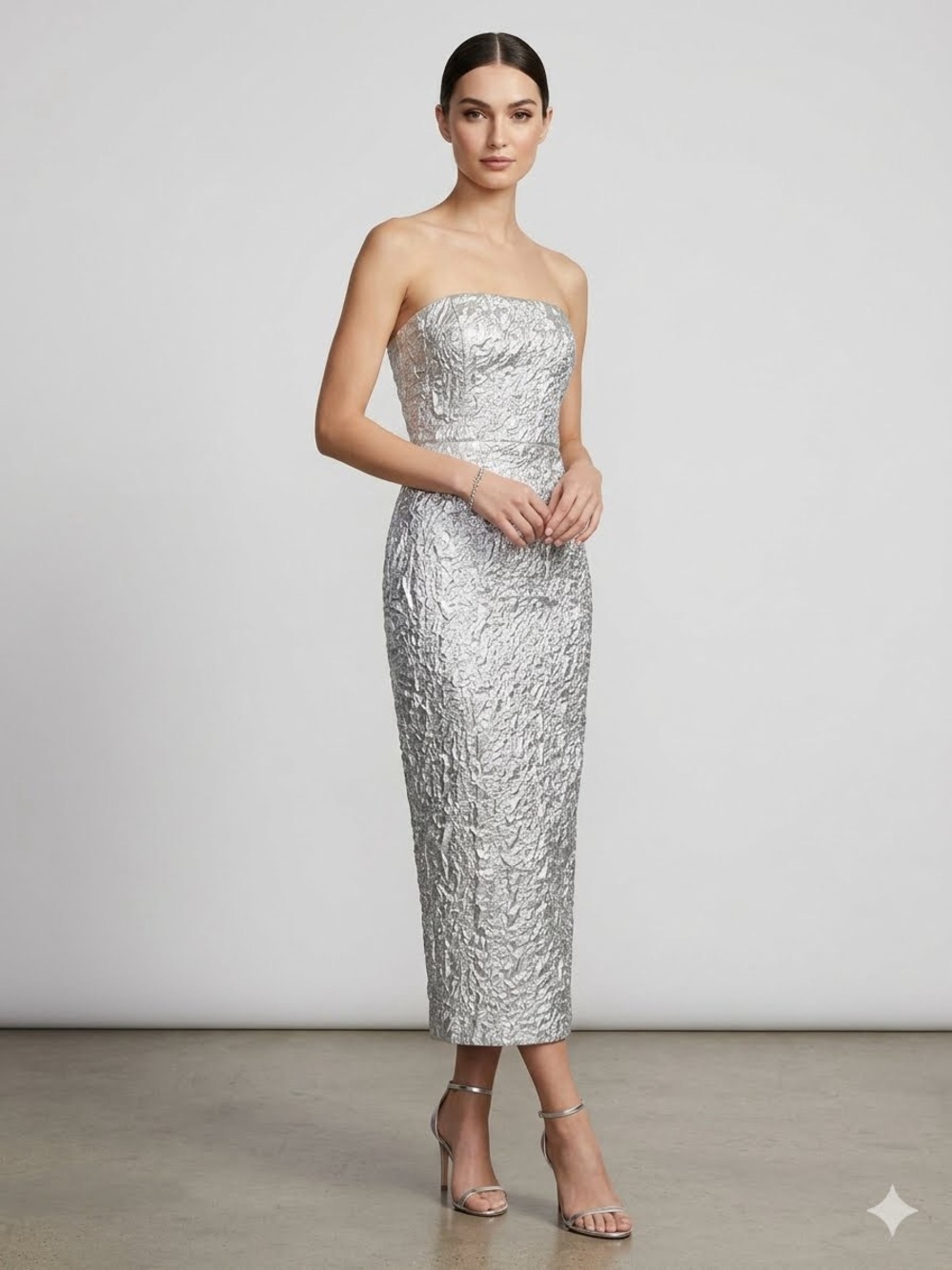 As It May Textured Strapless Silver Midi Dress